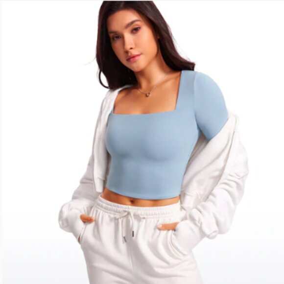 NWT CRZ YOGA Butterluxe Lined Crop Top Long Sleeves Square Neck Cambric Blue #14 - Picture 1 of 5